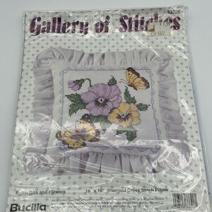 Vintage Bucilla 33320 Butterflies & Flower Cross Stitch Pillow 16” x 16” Kit New